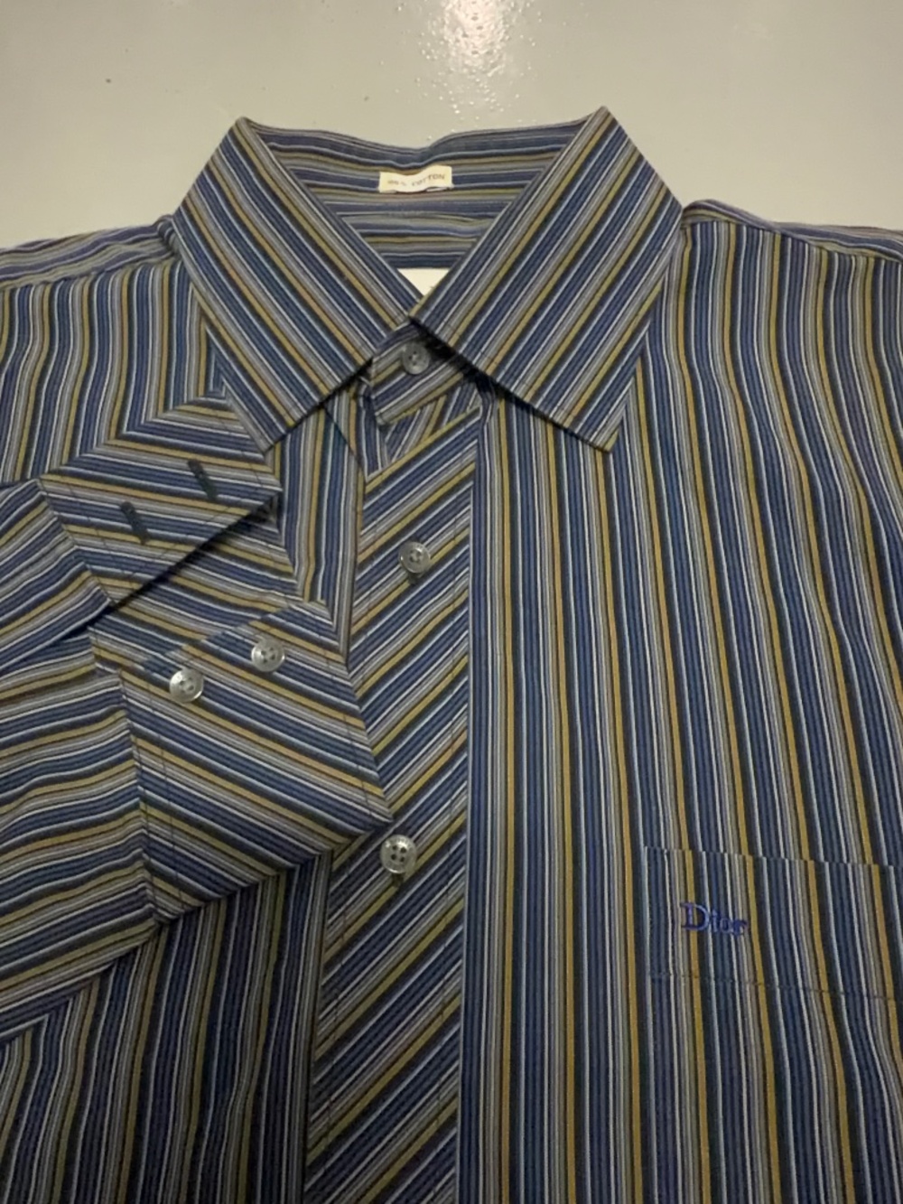 Vtg Christian Dior button up shirt men's size L 16.5 striped cotton blue tan